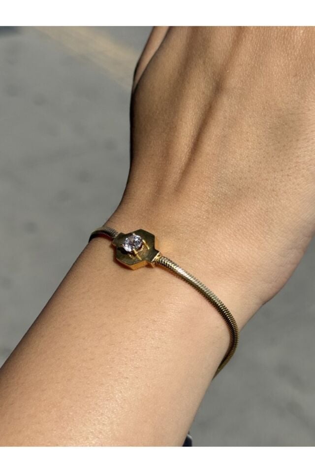 14 Ayar Altın Tek Taş Balık Sırtı Bileklik