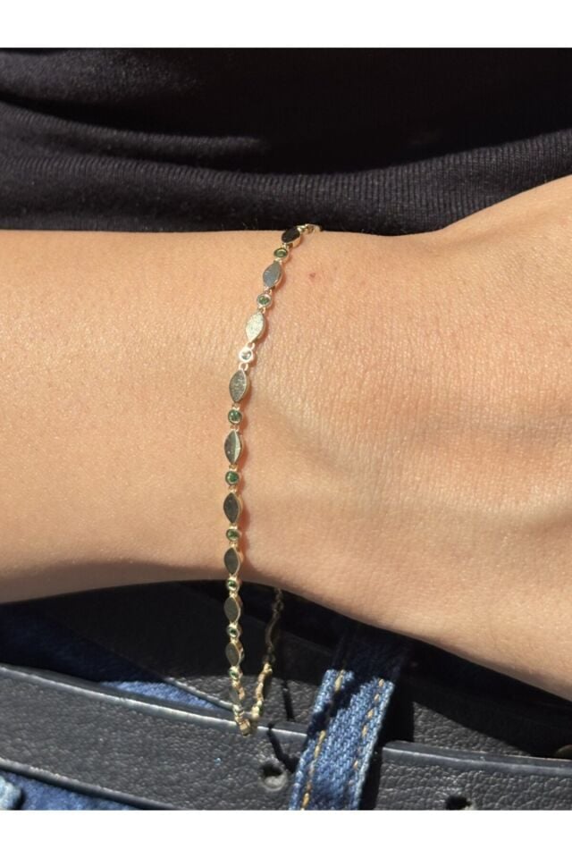 14 Ayar Altın Yeşil Taşlı Oval Çıtır Bileklik