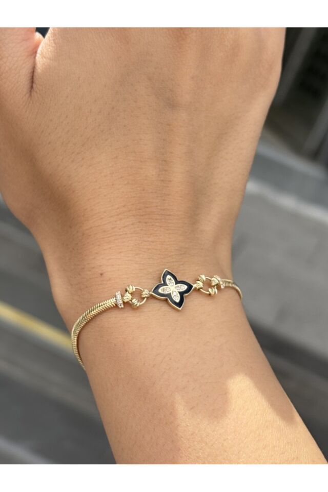 14 Ayar Altın Siyah Mineli Yonca Bileklik