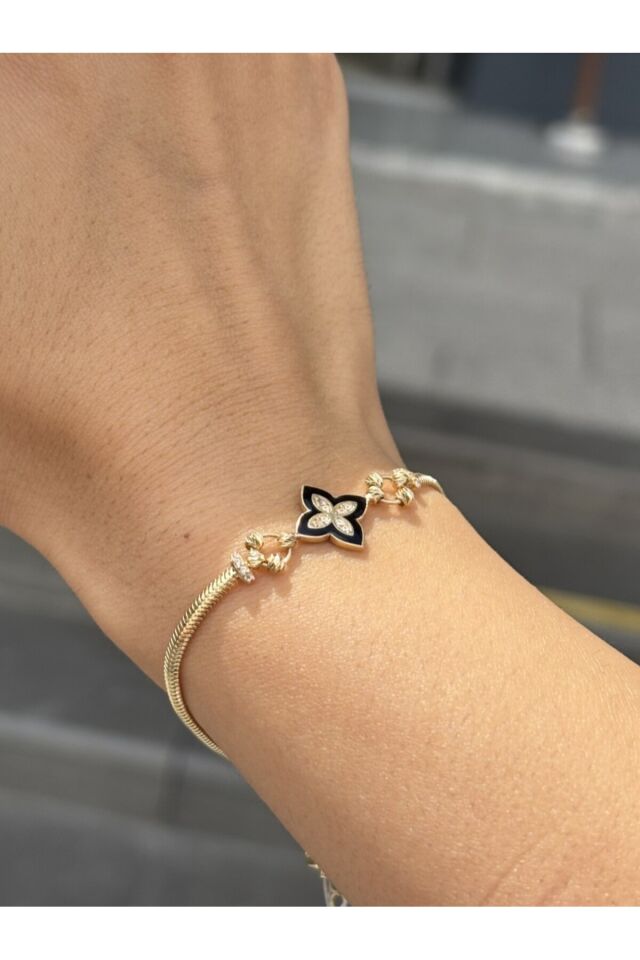 14 Ayar Altın Siyah Mineli Yonca Bileklik