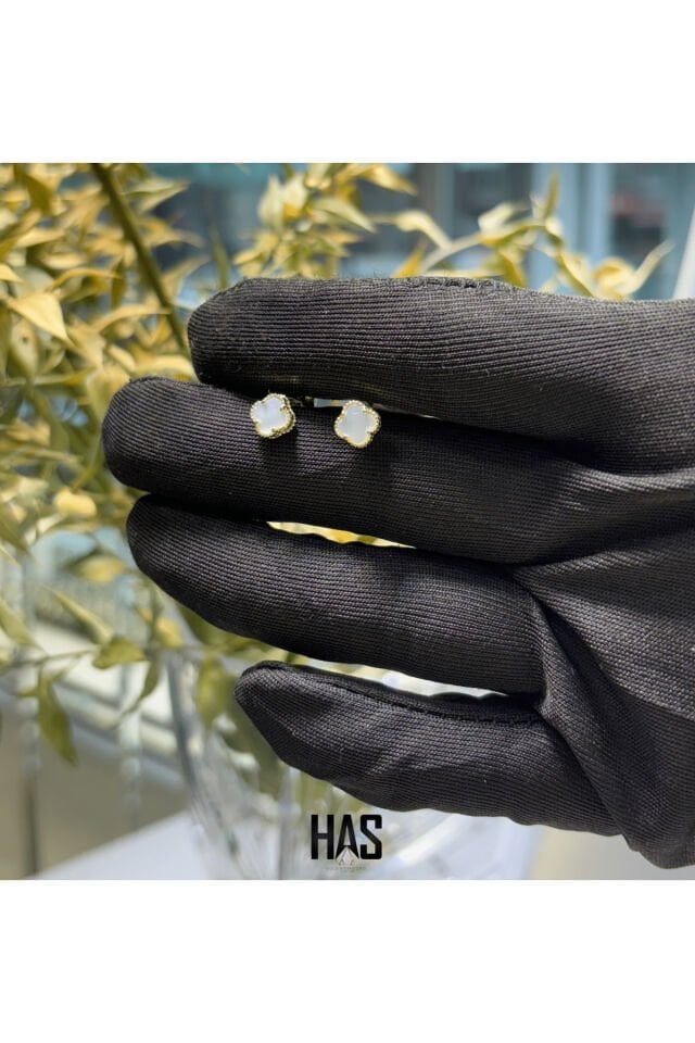 14 Ayar Altın Yonca  Beyaz Küpe