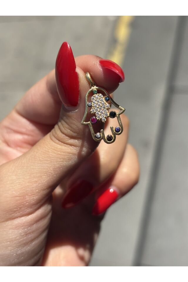 14 Ayar Altın Renkli Taşlı Fatmanın Eli Kolye Ucu