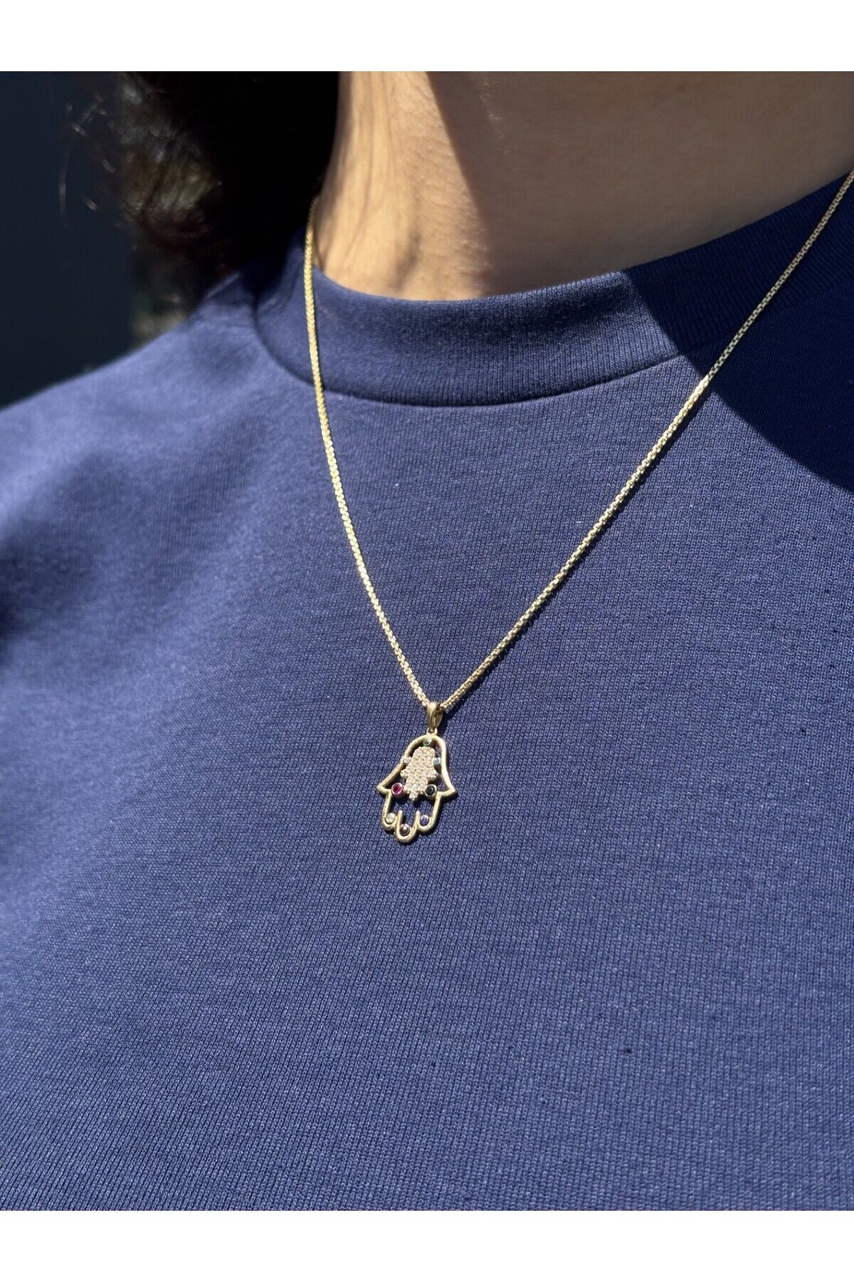 14 Ayar Altın Renkli Taşlı Fatmanın Eli Kolye Ucu