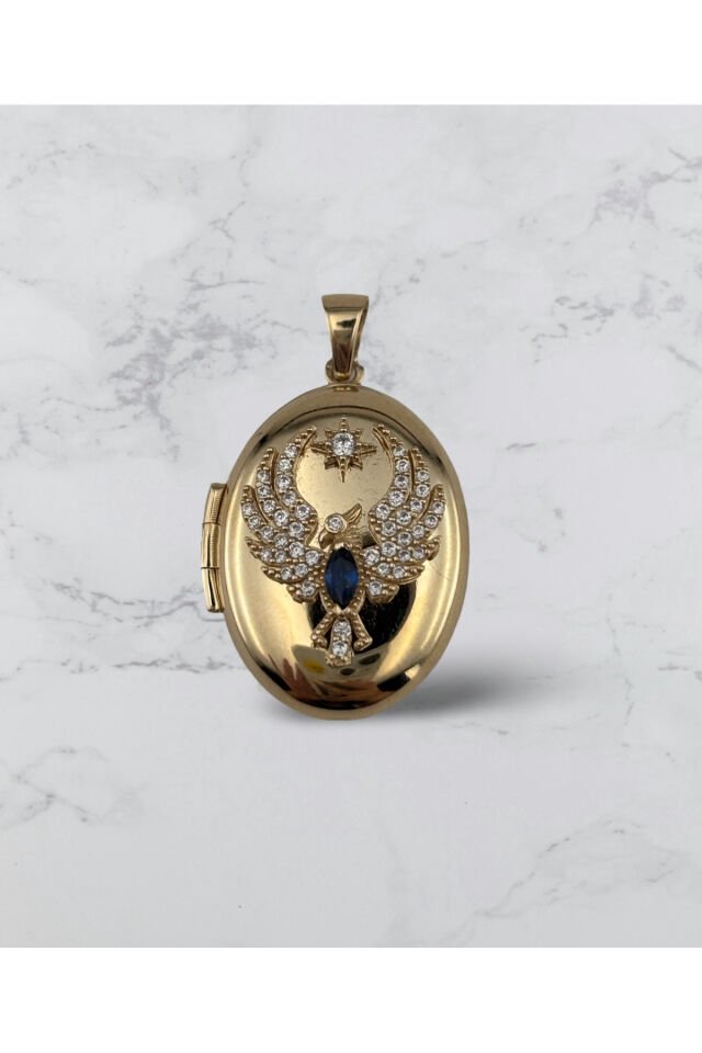 14 Ayar Altın Anı Anka Kuşu Mavi Taşlı Kolye Ucu