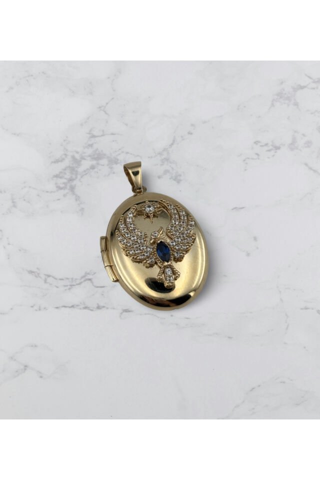 14 Ayar Altın Anı Anka Kuşu Mavi Taşlı Kolye Ucu