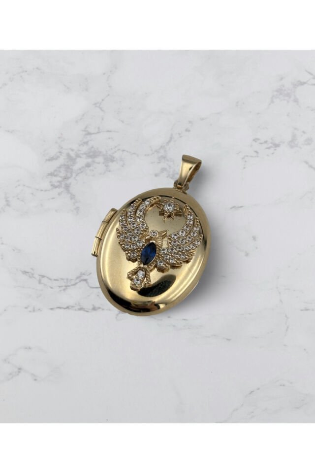 14 Ayar Altın Anı Anka Kuşu Mavi Taşlı Kolye Ucu