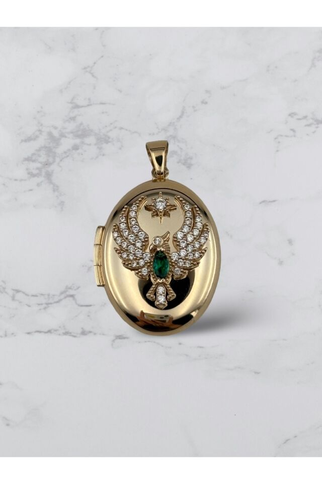 14 Ayar Altın Anı Anka Kuşu Yeşil Taşlı Kolye Ucu