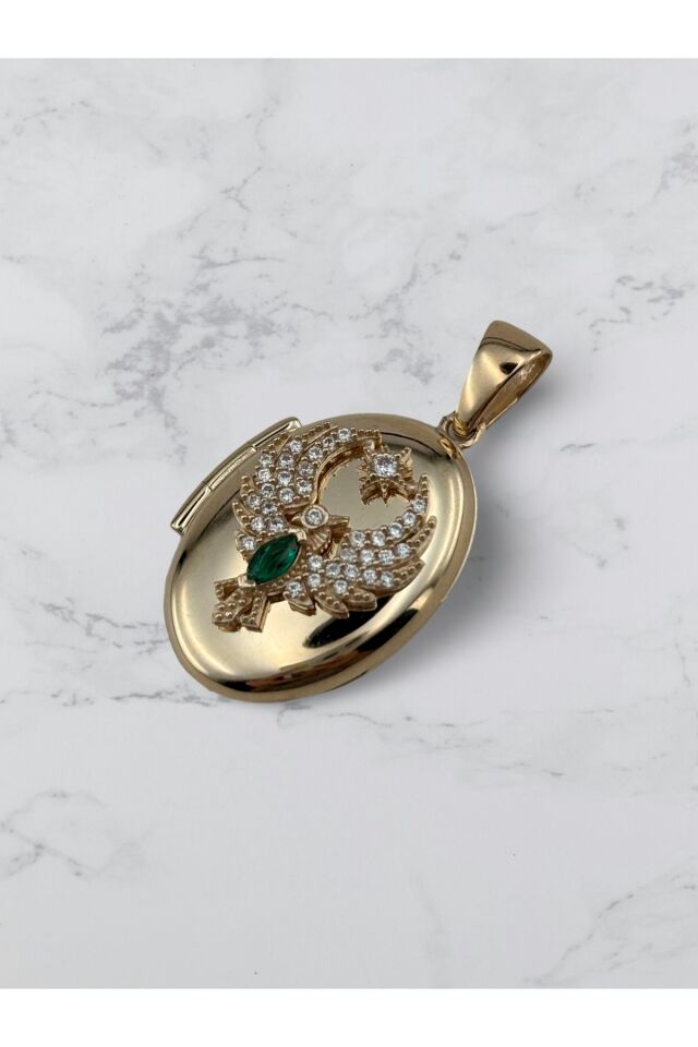 14 Ayar Altın Anı Anka Kuşu Yeşil Taşlı Kolye Ucu