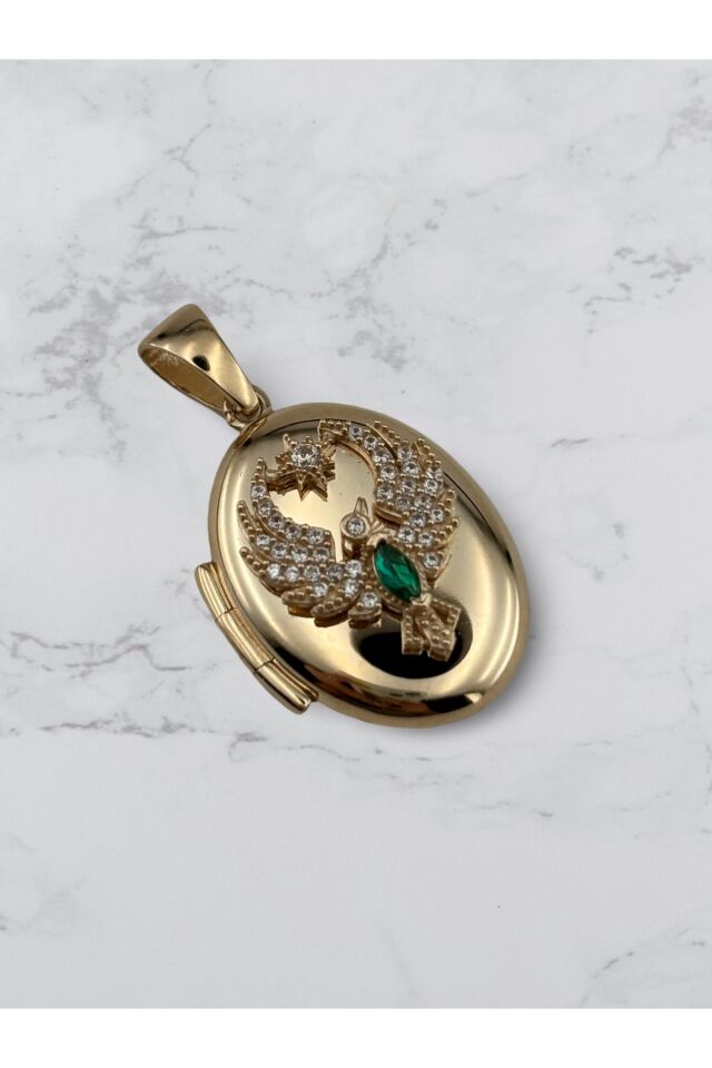 14 Ayar Altın Anı Anka Kuşu Yeşil Taşlı Kolye Ucu