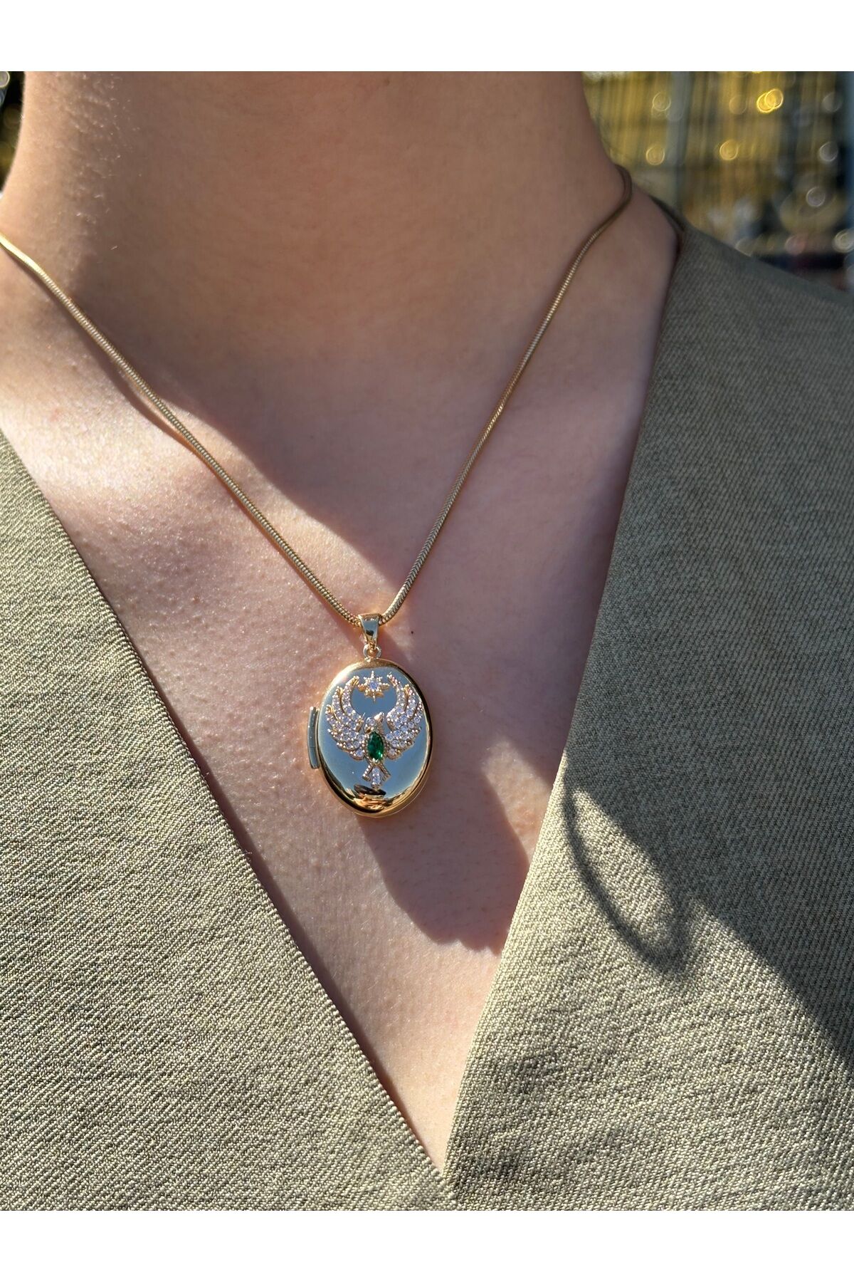 14 Ayar Altın Anı Anka Kuşu Yeşil Taşlı Kolye Ucu