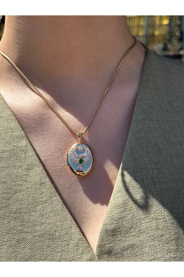 14 Ayar Altın Anı Anka Kuşu Yeşil Taşlı Kolye Ucu