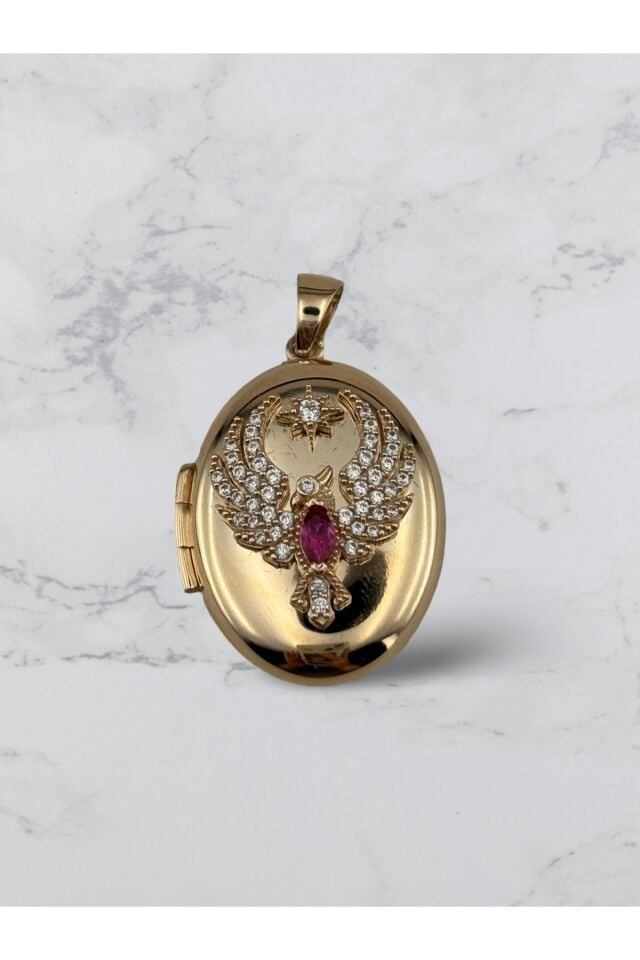 14 Ayar Altın Anı Anka Kuşu Pembe Taşlı Kolye Ucu