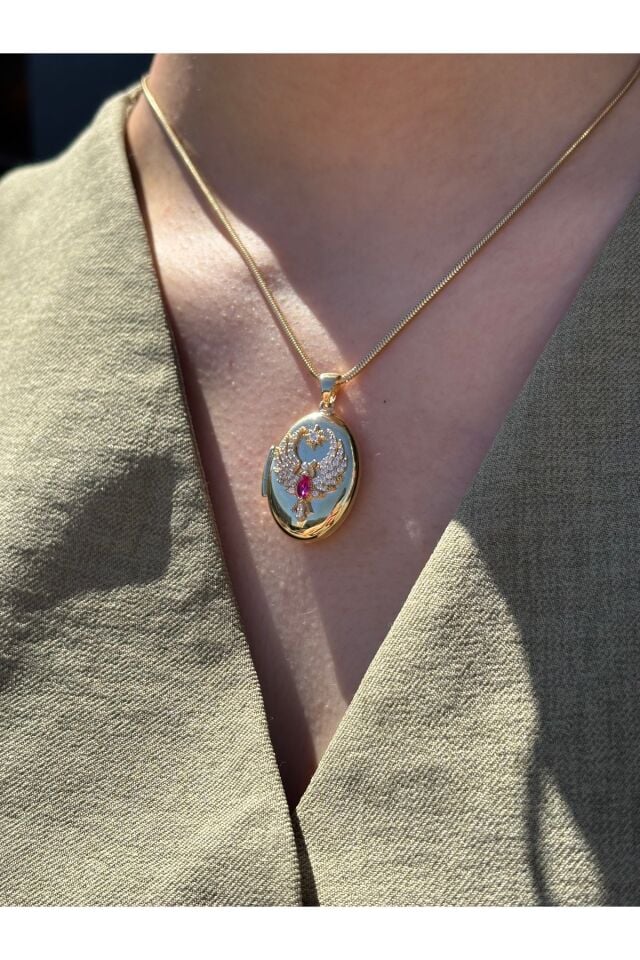 14 Ayar Altın Anı Anka Kuşu Pembe Taşlı Kolye Ucu