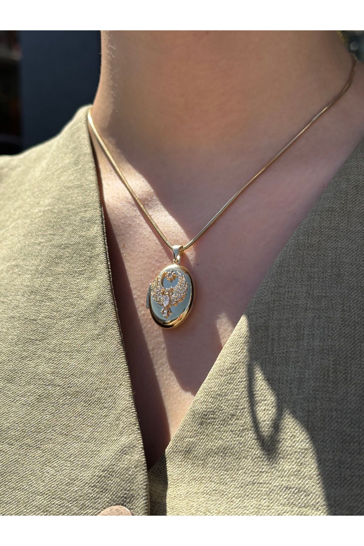 14 Ayar Altın Anı Anka Kuşu Beyaz Taşlı Kolye Ucu