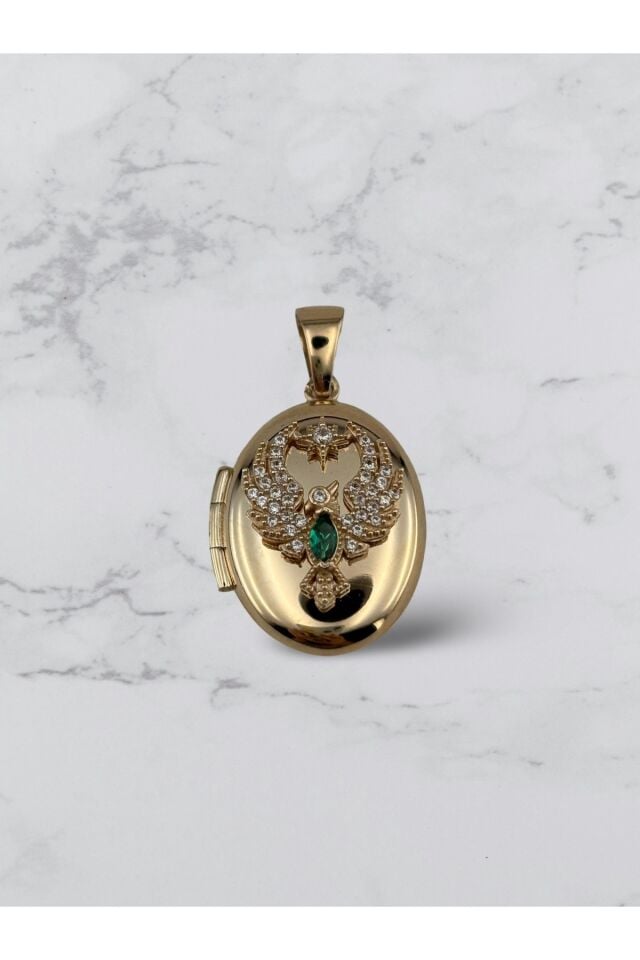 14 Ayar Altın Anı Anka Kuşu Yeşil Taşlı Mini Kolye Ucu