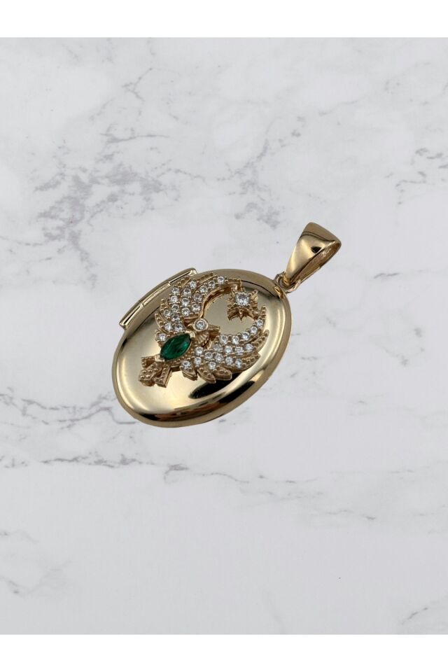 14 Ayar Altın Anı Anka Kuşu Yeşil Taşlı Mini Kolye Ucu