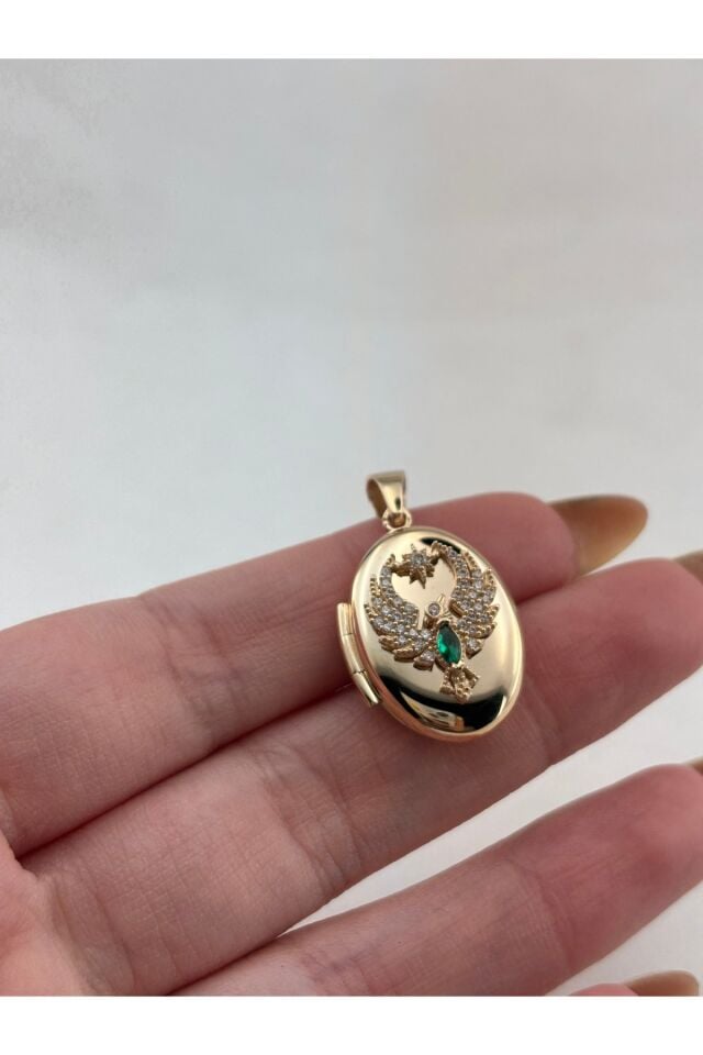 14 Ayar Altın Anı Anka Kuşu Yeşil Taşlı Mini Kolye Ucu