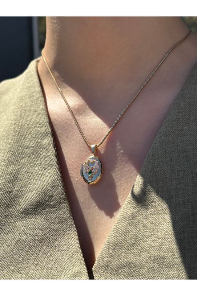 14 Ayar Altın Anı Anka Kuşu Yeşil Taşlı Mini Kolye Ucu