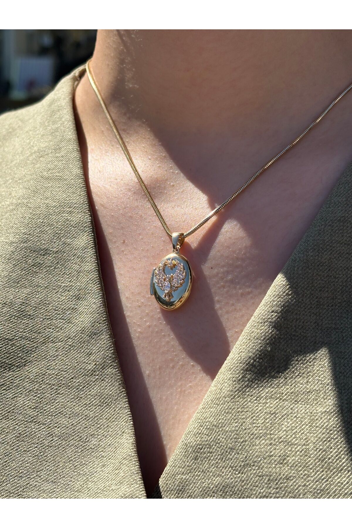 14 Ayar Altın Anı Anka Kuşu Beyaz Taşlı Mini Kolye Ucu