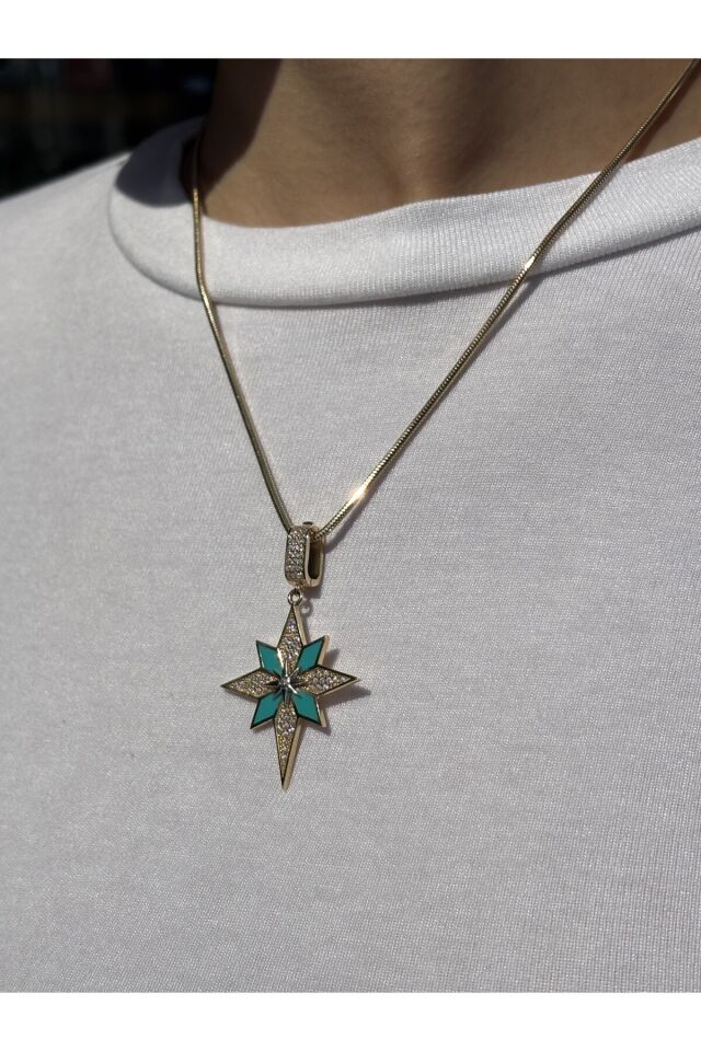 14 Ayar Altın Turkuaz Mineli Taşlı Kutup Yıldızı Kolye Ucu