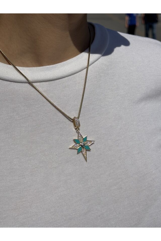 14 Ayar Altın Turkuaz Mineli Taşlı Kutup Yıldızı Kolye Ucu