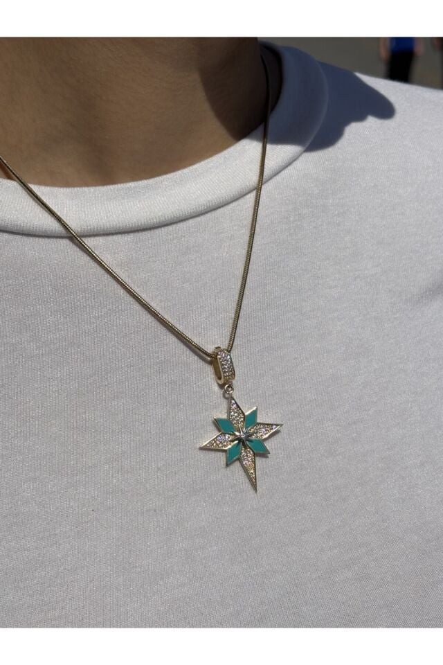 14 Ayar Altın Turkuaz Mineli Taşlı Kutup Yıldızı Kolye Ucu