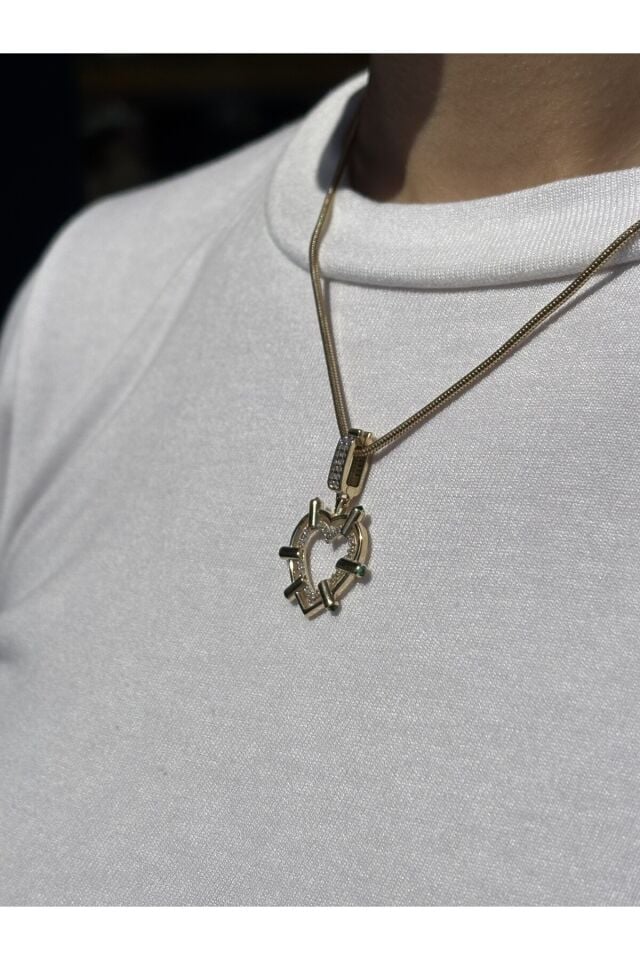 14 Ayar Altın Yeşil Taşlı Aura Kalp Kolye Ucu Charm