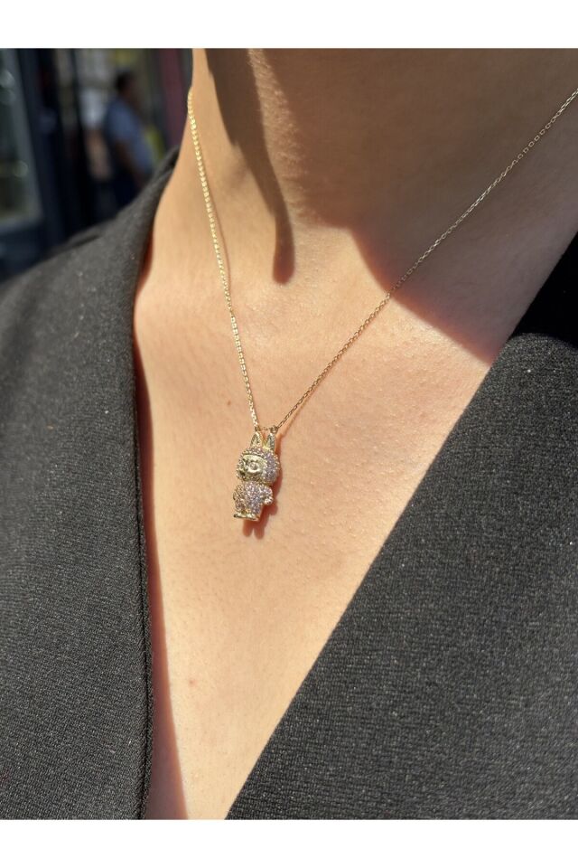 14 Ayar Altın Taşlı Pembe Labubu Kolye