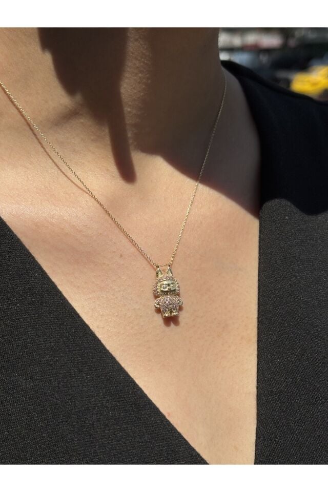 14 Ayar Altın Taşlı Pembe Labubu Kolye