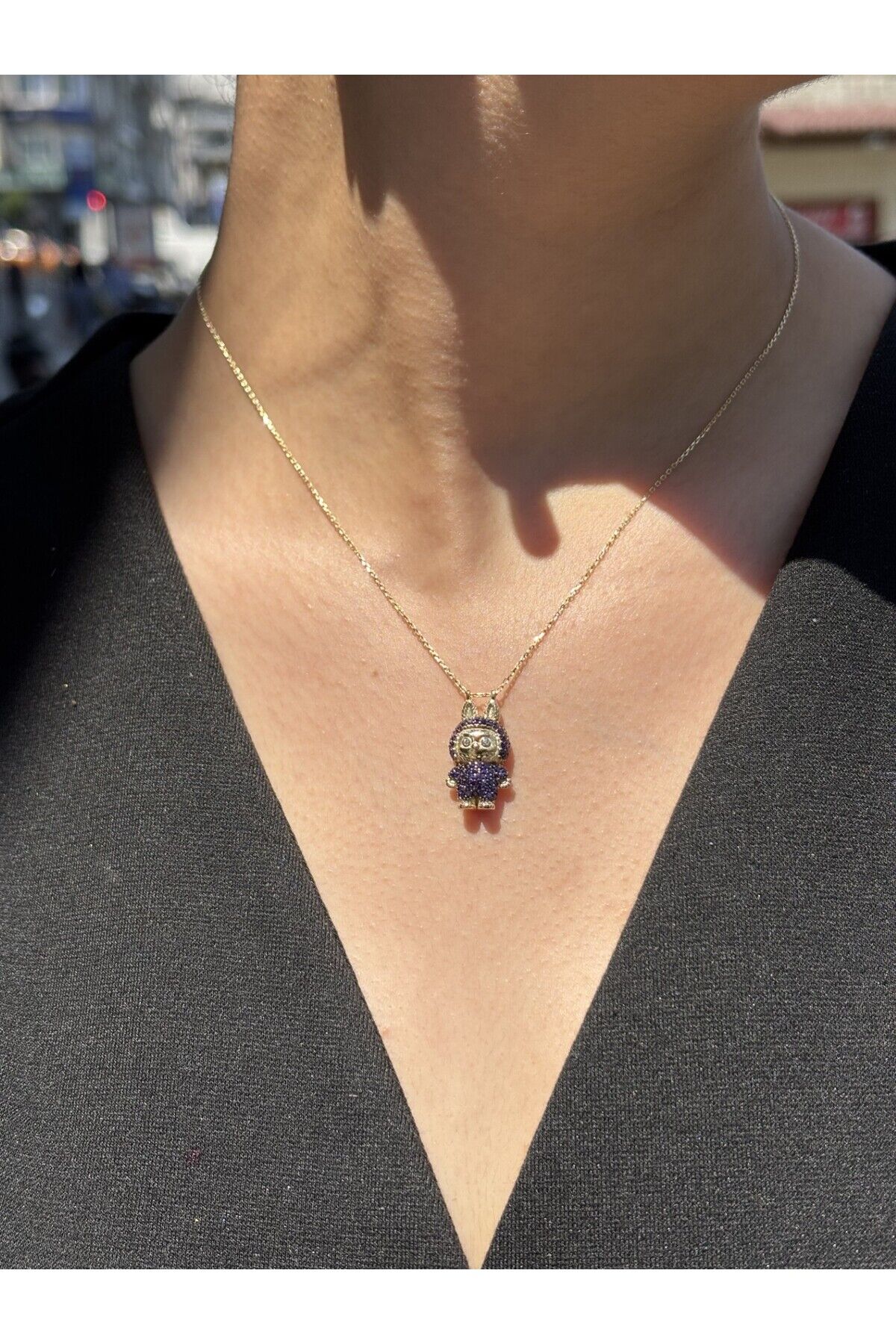 14 Ayar Altın Taşlı Mor Labubu Kolye