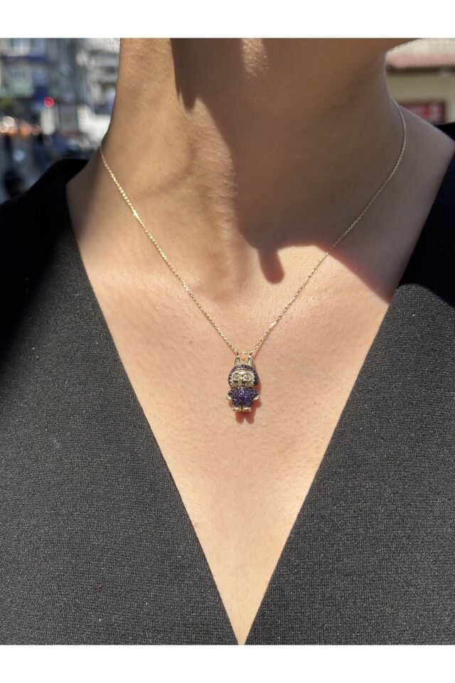 14 Ayar Altın Taşlı Mor Labubu Kolye