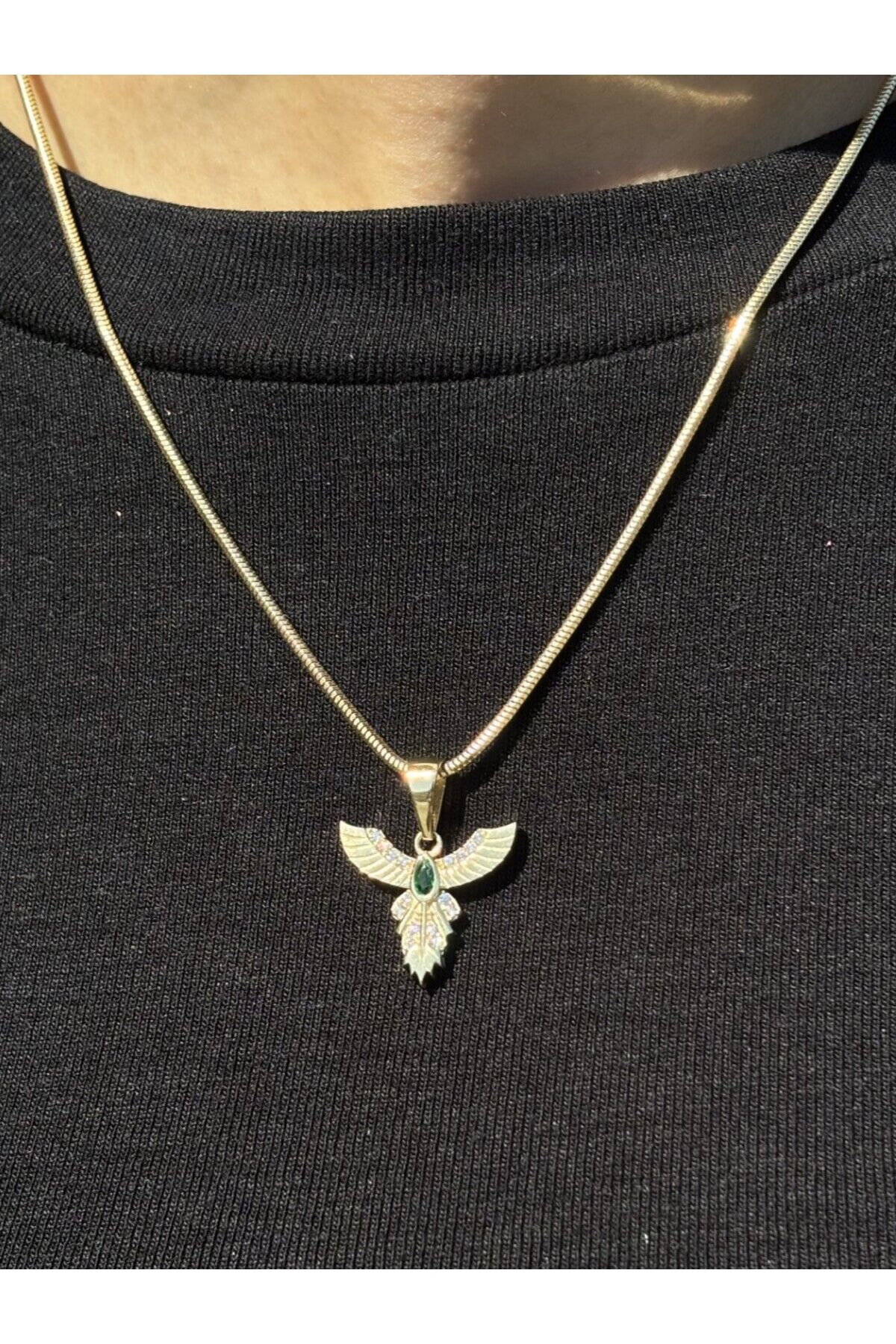 14 Ayar Altın Yeşil Taşlı Anka Kuşu Kolye Ucu