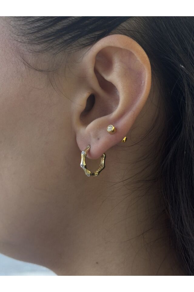 14 Ayar Altın Taşlı Kemik Halka Küpe