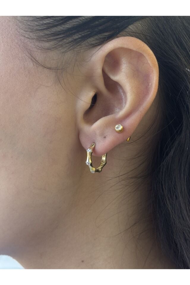 14 Ayar Altın Taşlı Kemik Halka Küpe