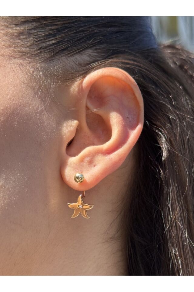 14 Ayar Altın Taşlı Deniz Yıldızı Çengel Küpe