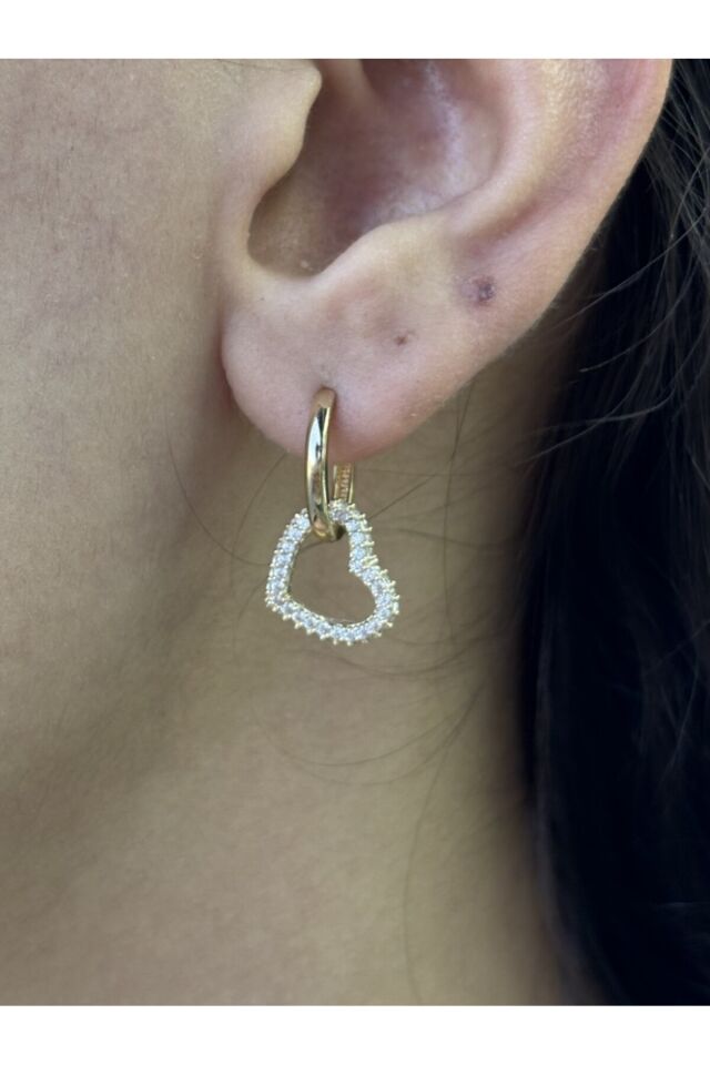 14 Ayar Altın Sallantılı Taşlı Kalp Küpe