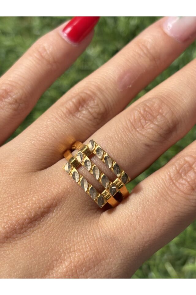 14 Ayar Altın Pullu Üçlü Kaburga Yüzük