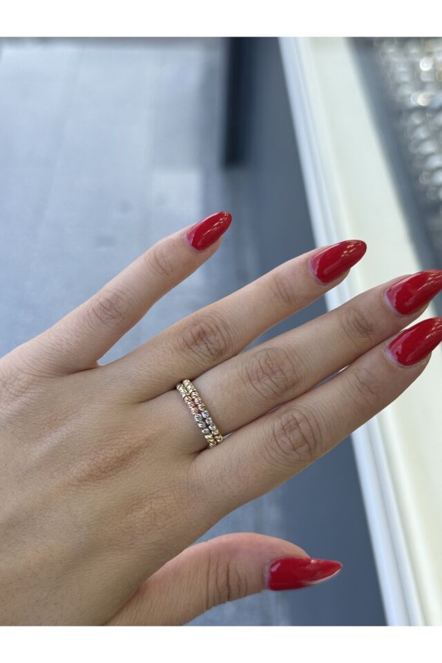 14 Ayar Altın Üç Renk Çift Sıra İtalyan Dorika Ayarlanabilir Yüzük