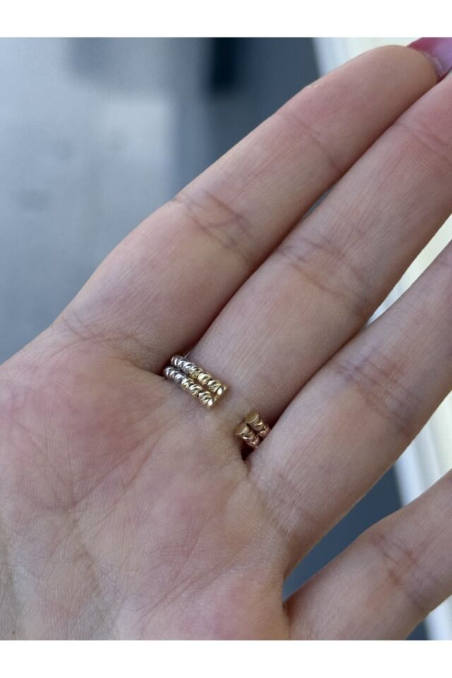 14 Ayar Altın Üç Renk Çift Sıra İtalyan Dorika Ayarlanabilir Yüzük