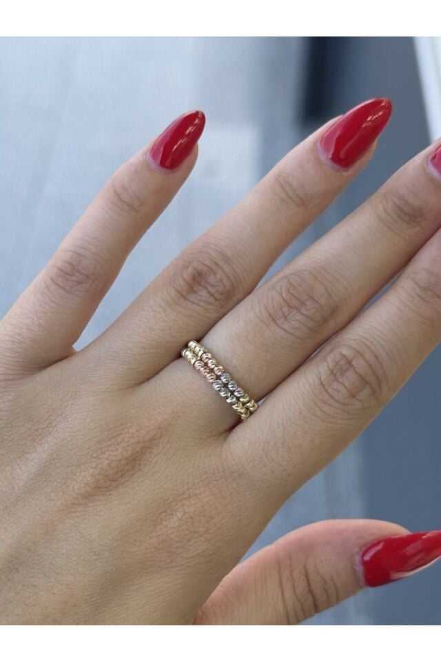 14 Ayar Altın Üç Renk Çift Sıra İtalyan Dorika Ayarlanabilir Yüzük