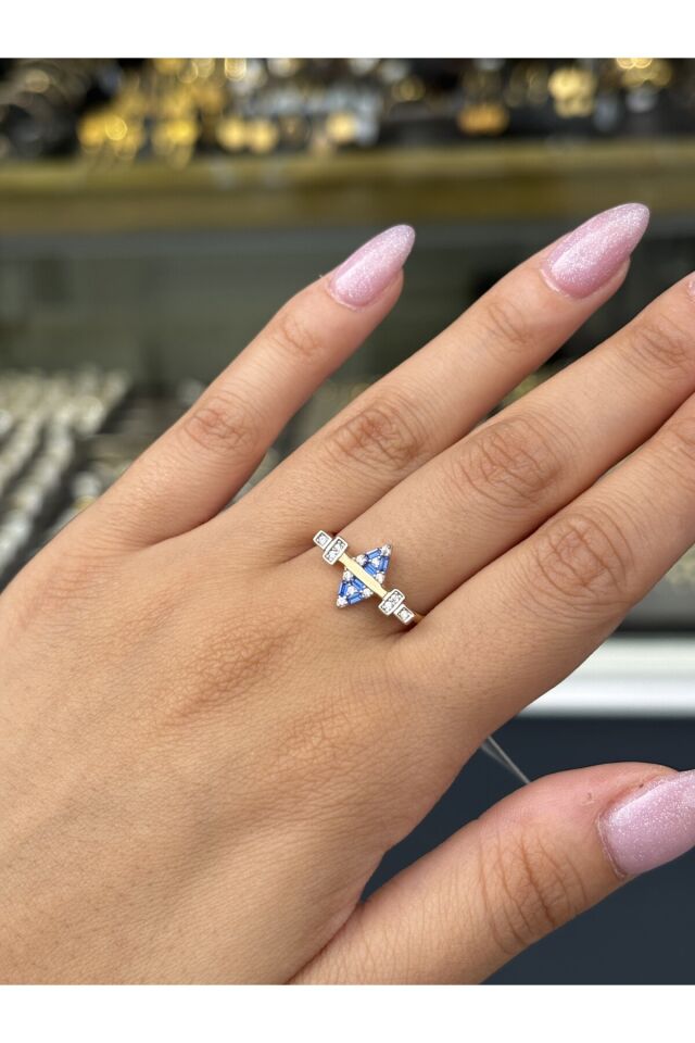 14 Ayar Altın Mavi Taşlı Prego Yüzük