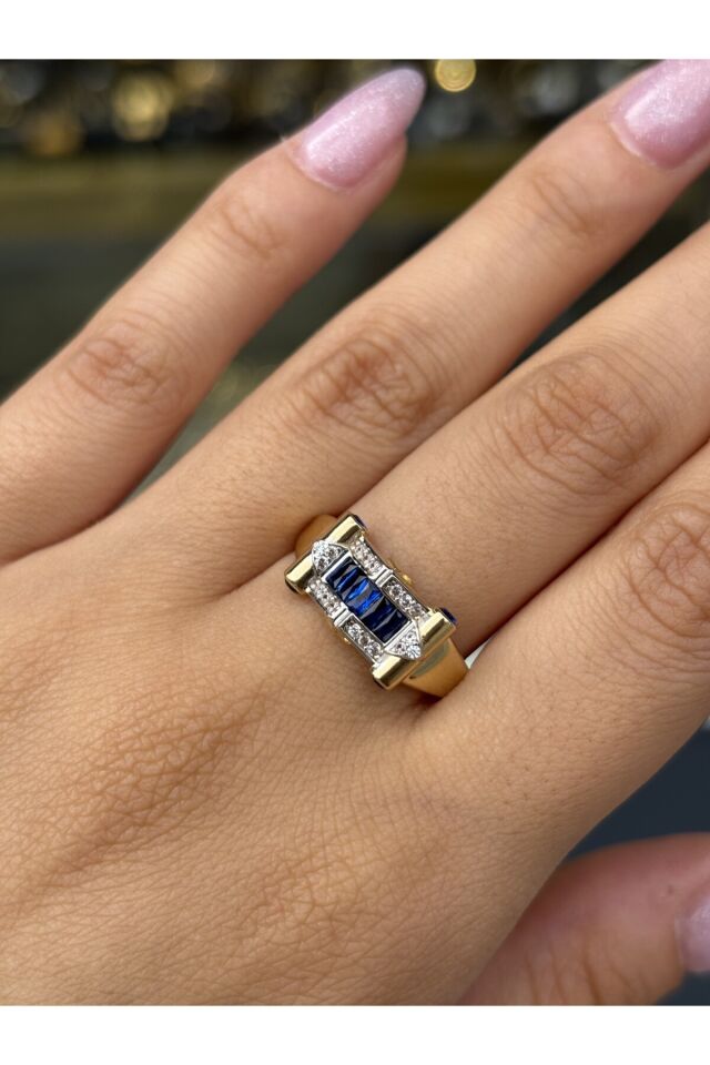 14 Ayar Altın Mavi Taşlı Nava Yüzük