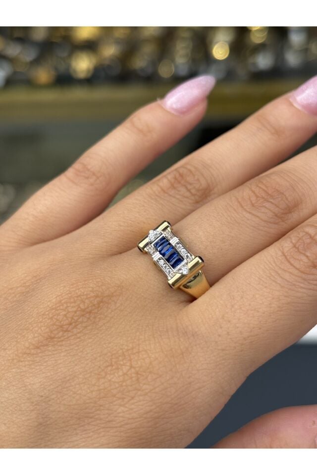 14 Ayar Altın Mavi Taşlı Nava Yüzük