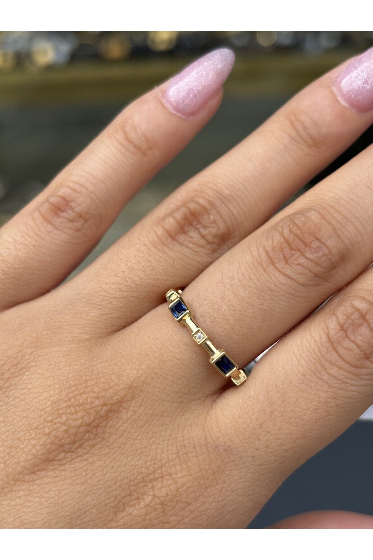 14 Ayar Altın Mavi Taşlı Trinity Yüzük