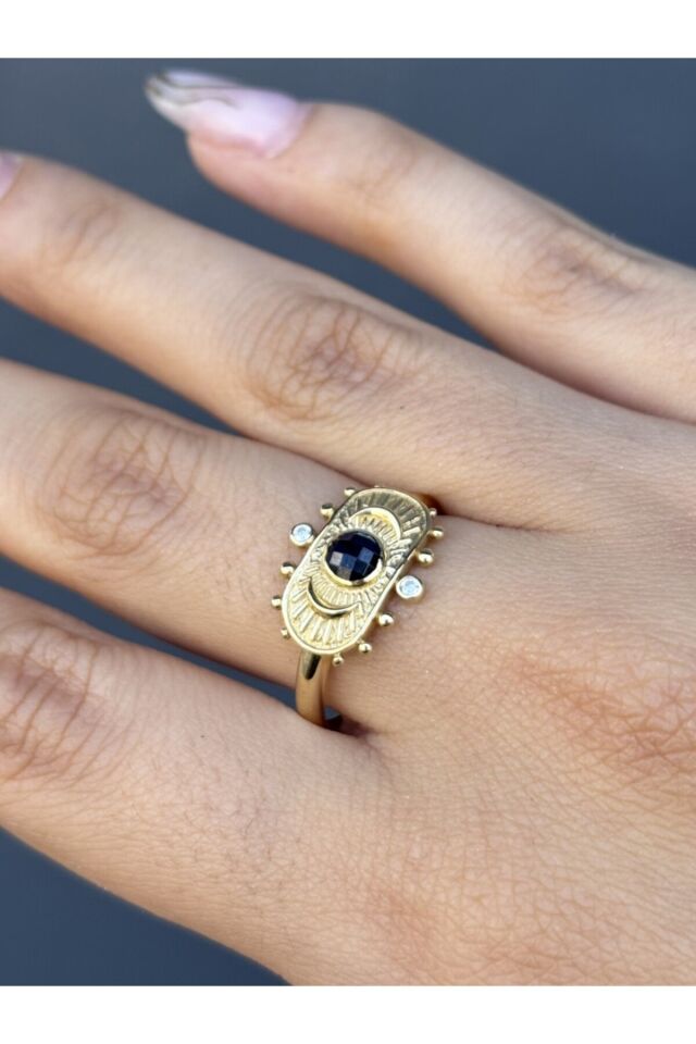 14 Ayar Altın Mavi Taşlı Tasarım Göz Yüzük