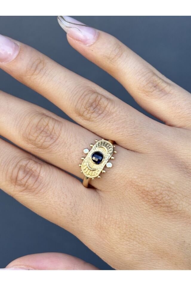 14 Ayar Altın Mavi Taşlı Tasarım Göz Yüzük