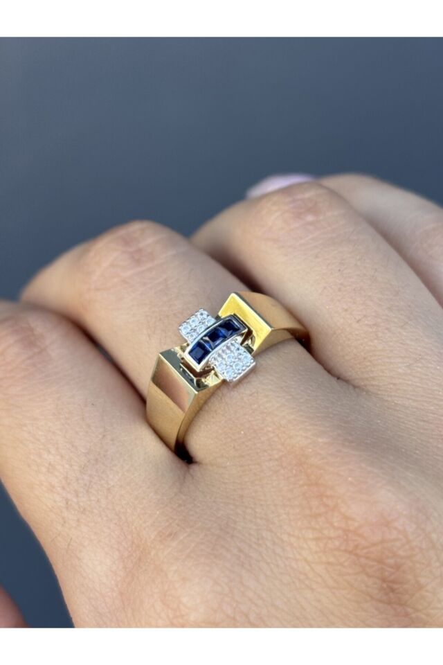 14 Ayar Altın Mavi Taşlı Octo Yüzük