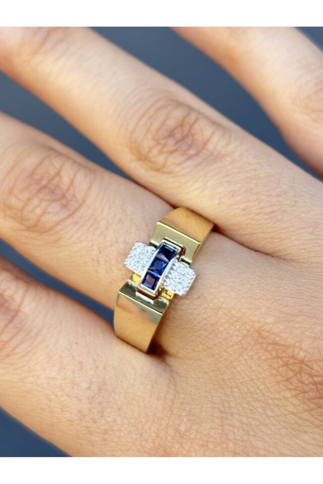 14 Ayar Altın Mavi Taşlı Octo Yüzük