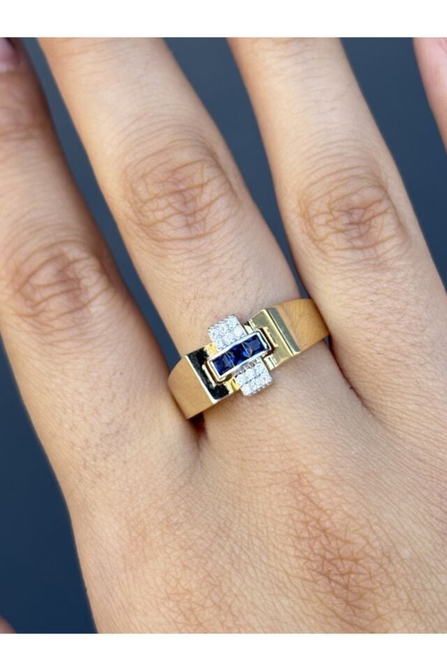 14 Ayar Altın Mavi Taşlı Octo Yüzük