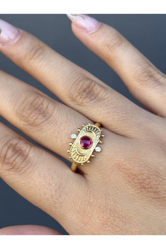 14 Ayar Altın Pembe Taşlı Tasarım Göz Yüzük